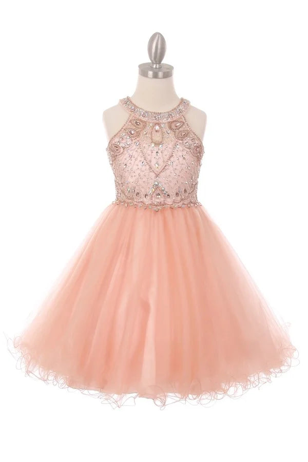 Girl halter neck tulle dress with rhinestone