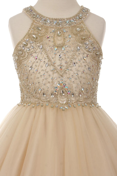 Girl halter neck tulle dress with rhinestone