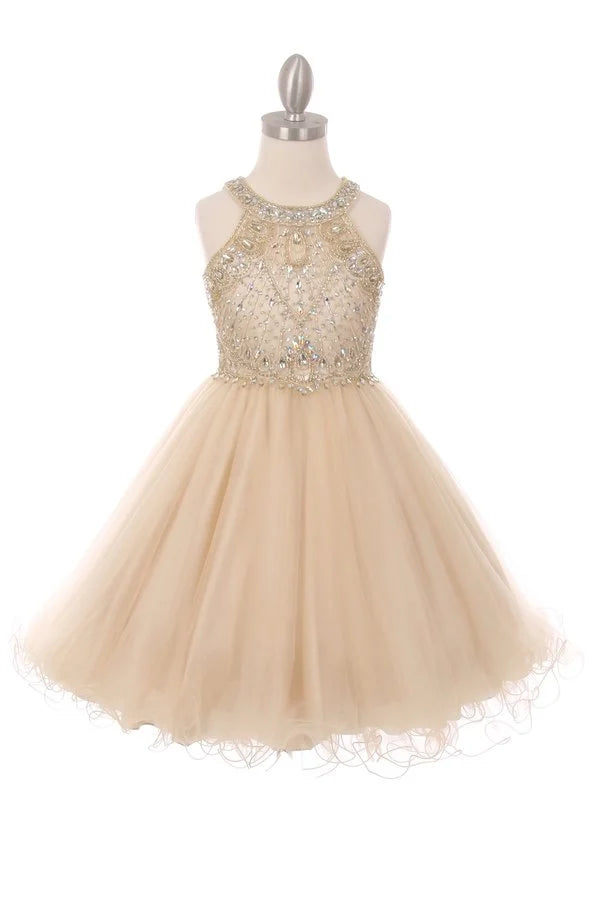 Girl halter neck tulle dress with rhinestone