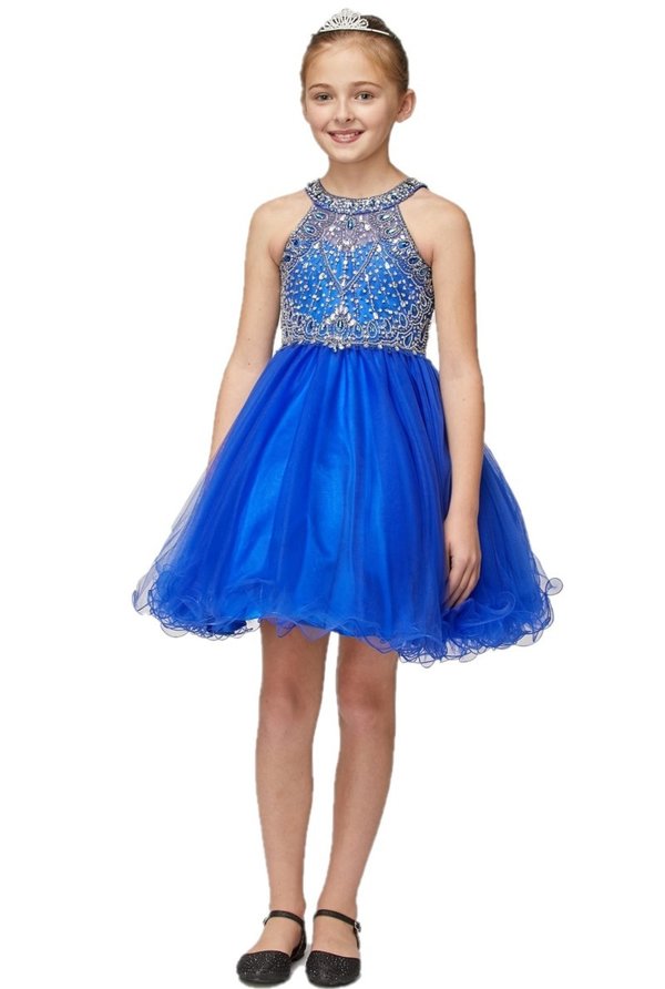 Girl halter neck tulle dress with rhinestone