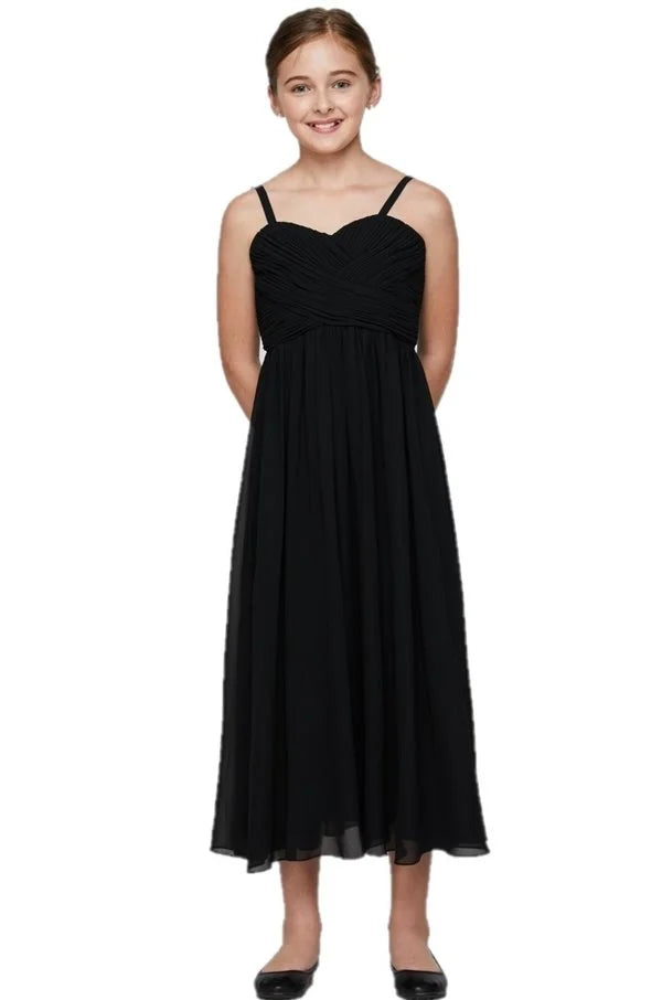 Girl elegant pleated bodice chiffon long dress with adjustable shoulder strap and shawl included