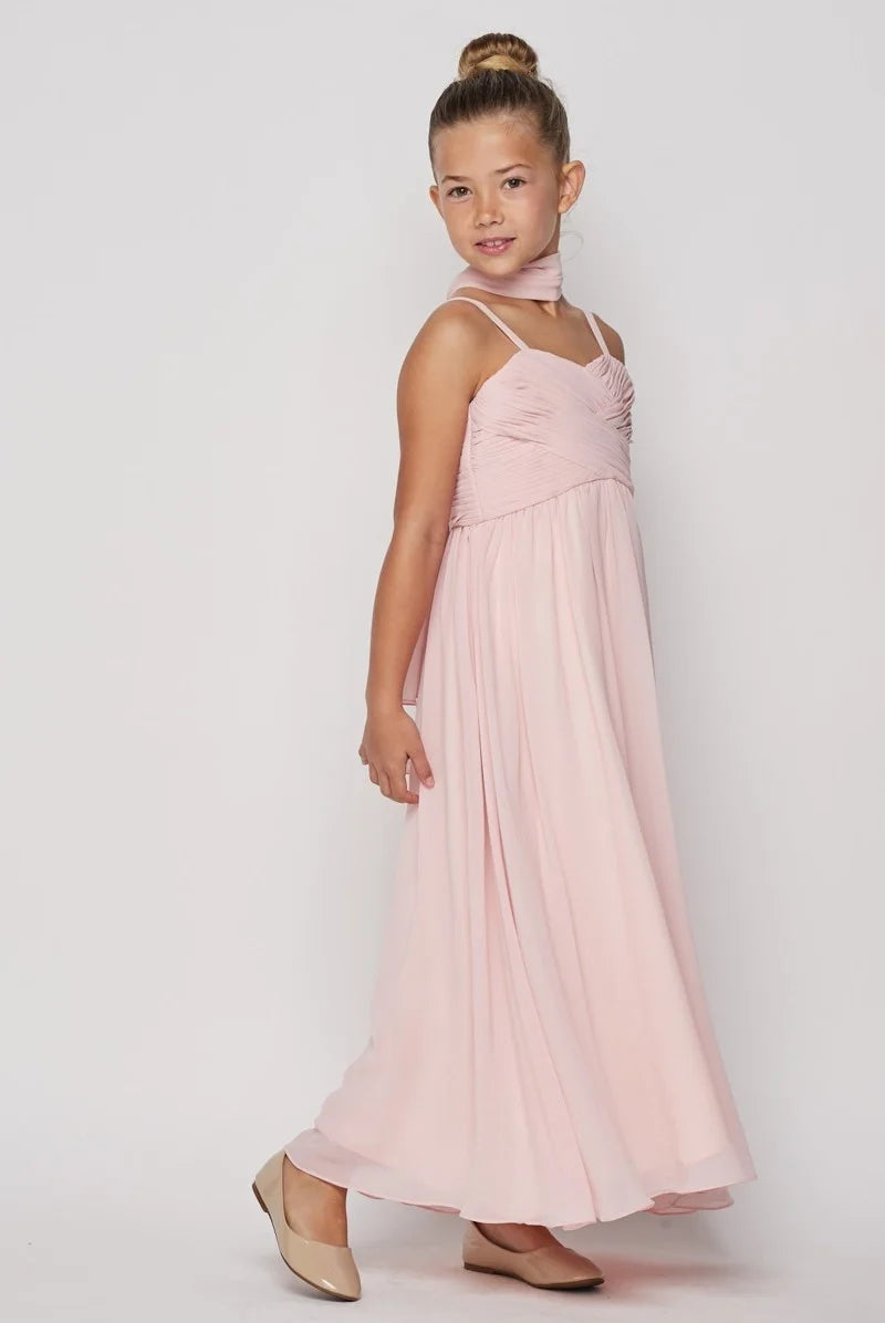 Girl elegant pleated bodice chiffon long dress with adjustable shoulder strap and shawl included