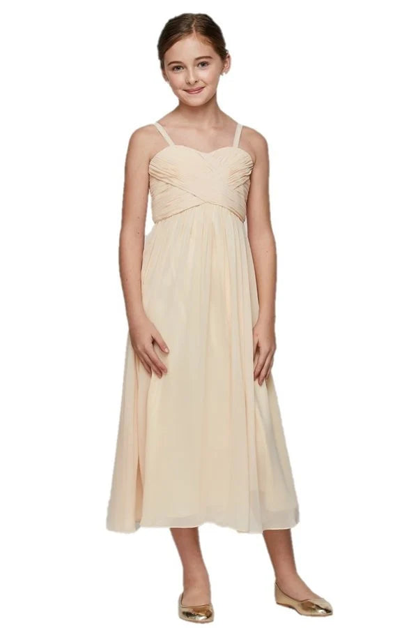 Girl elegant pleated bodice chiffon long dress with adjustable shoulder strap and shawl included