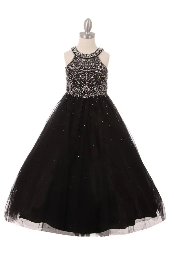 Girl dress gown with dazzling halter neck rhinestone party tulle dress and professionally crafted with all hand made rhinestone design