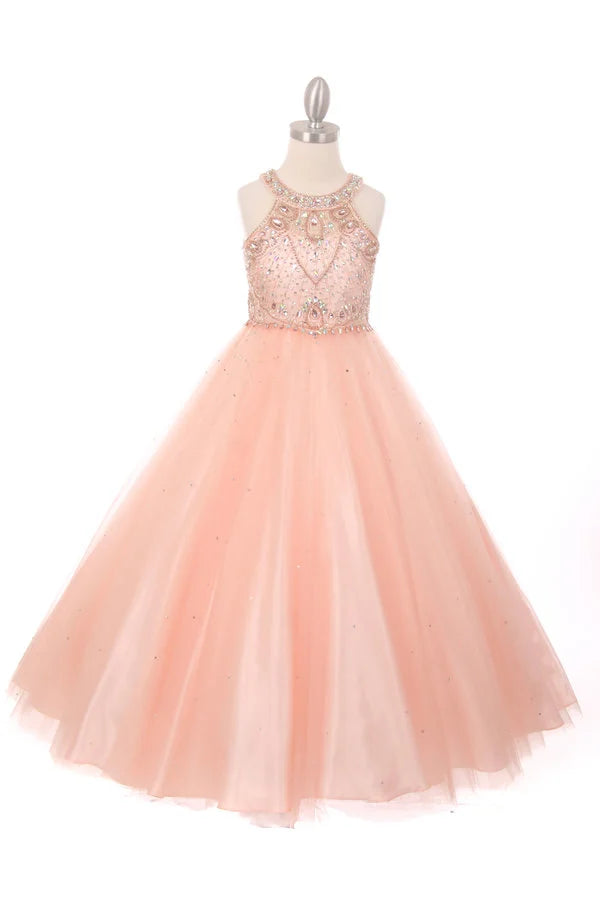 Girl dress gown with dazzling halter neck rhinestone party tulle dress and professionally crafted with all hand made rhinestone design