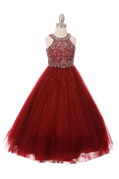 Girl dress gown with dazzling halter neck rhinestone party tulle dress and professionally crafted with all hand made rhinestone design