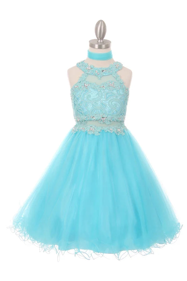 Girl halter neck laced tulle dress with rhinestone