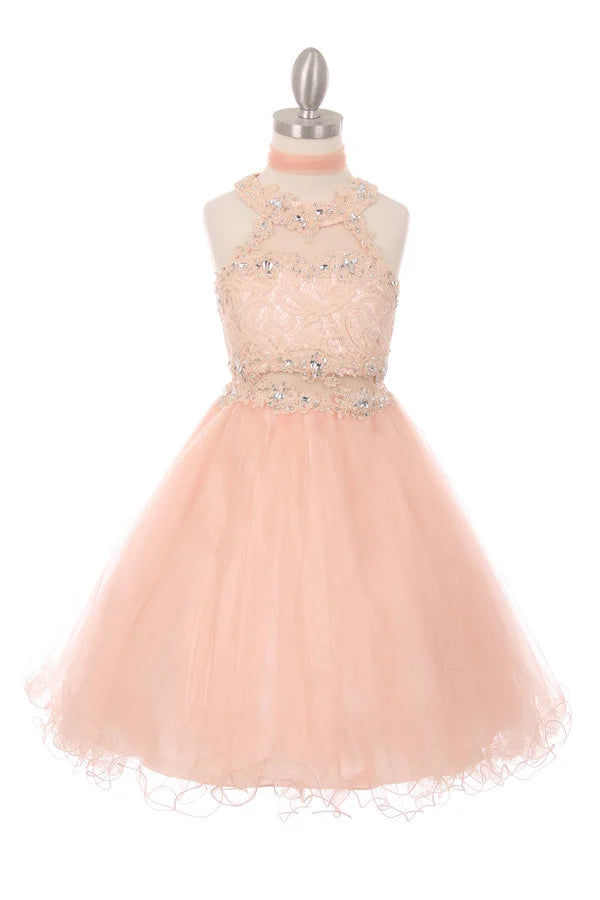 Girl halter neck laced tulle dress with rhinestone