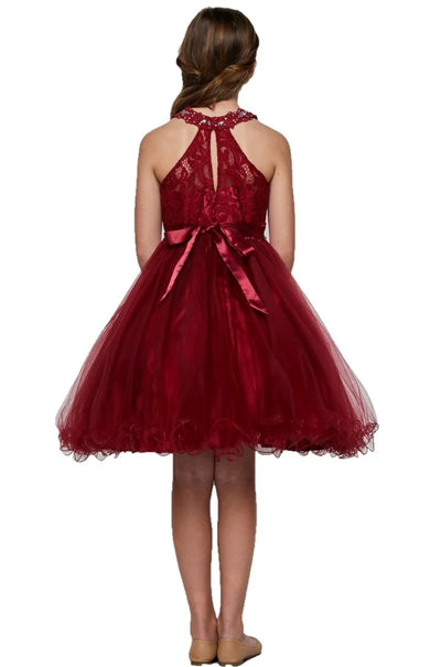 Girl halter neck laced tulle dress with rhinestone