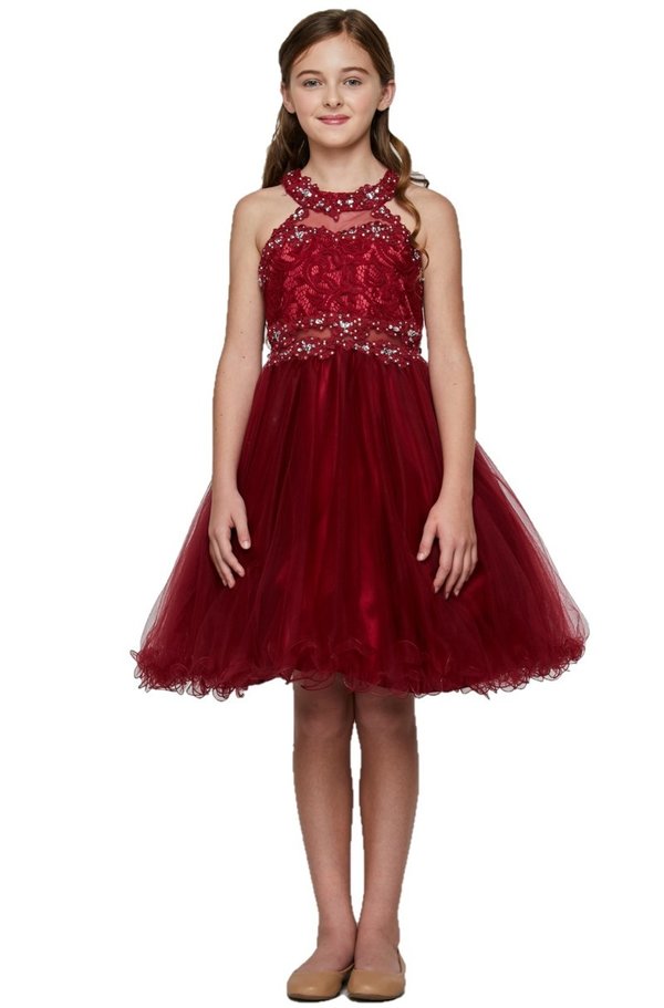 Girl halter neck laced tulle dress with rhinestone