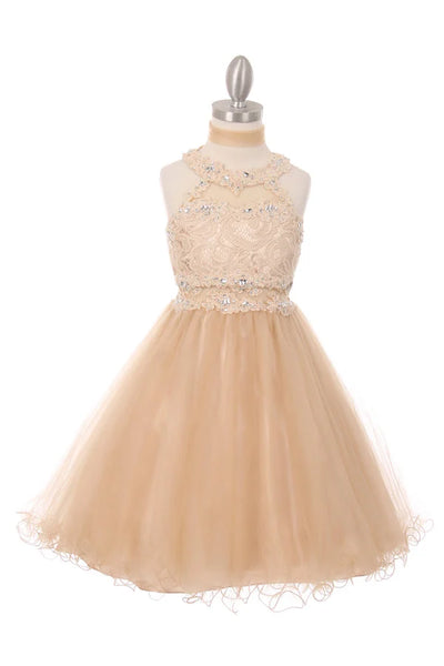 Girl halter neck laced tulle dress with rhinestone