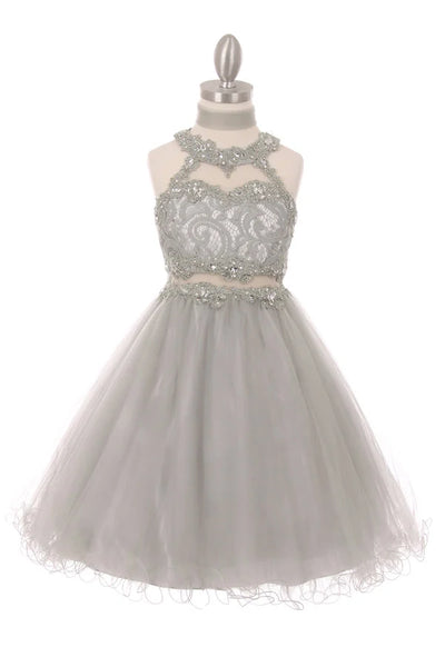 Girl halter neck laced tulle dress with rhinestone