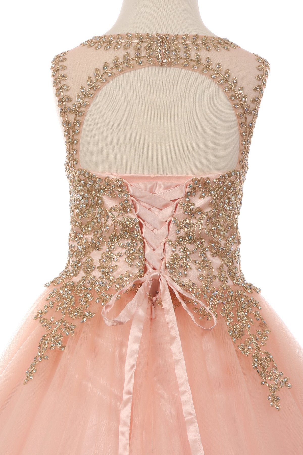 Girl dress gown adored with gold coil lace studded with rhinestone and spaghetti back closure