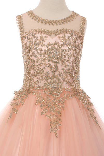 Girl dress gown adored with gold coil lace studded with rhinestone and spaghetti back closure