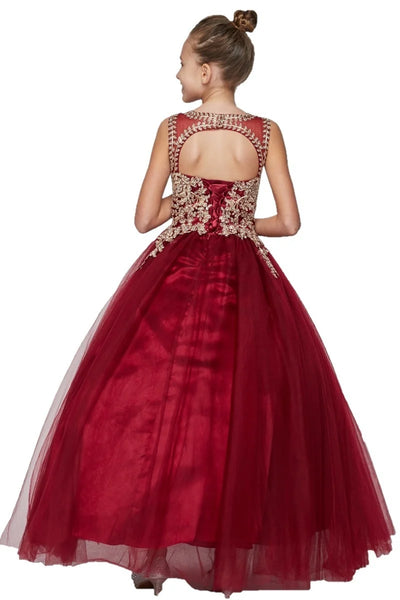 Girl dress gown adored with gold coil lace studded with rhinestone and spaghetti back closure