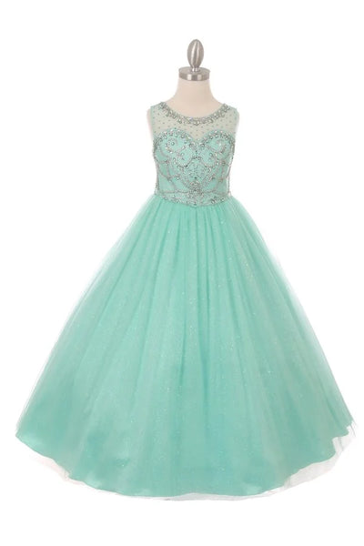 Girl pageant style beautiful sleeveless round illusion neckline bodice is adorned with AB tone crystal beading skirt