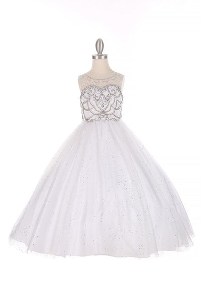 Girl pageant style beautiful sleeveless round illusion neckline bodice is adorned with AB tone crystal beading skirt