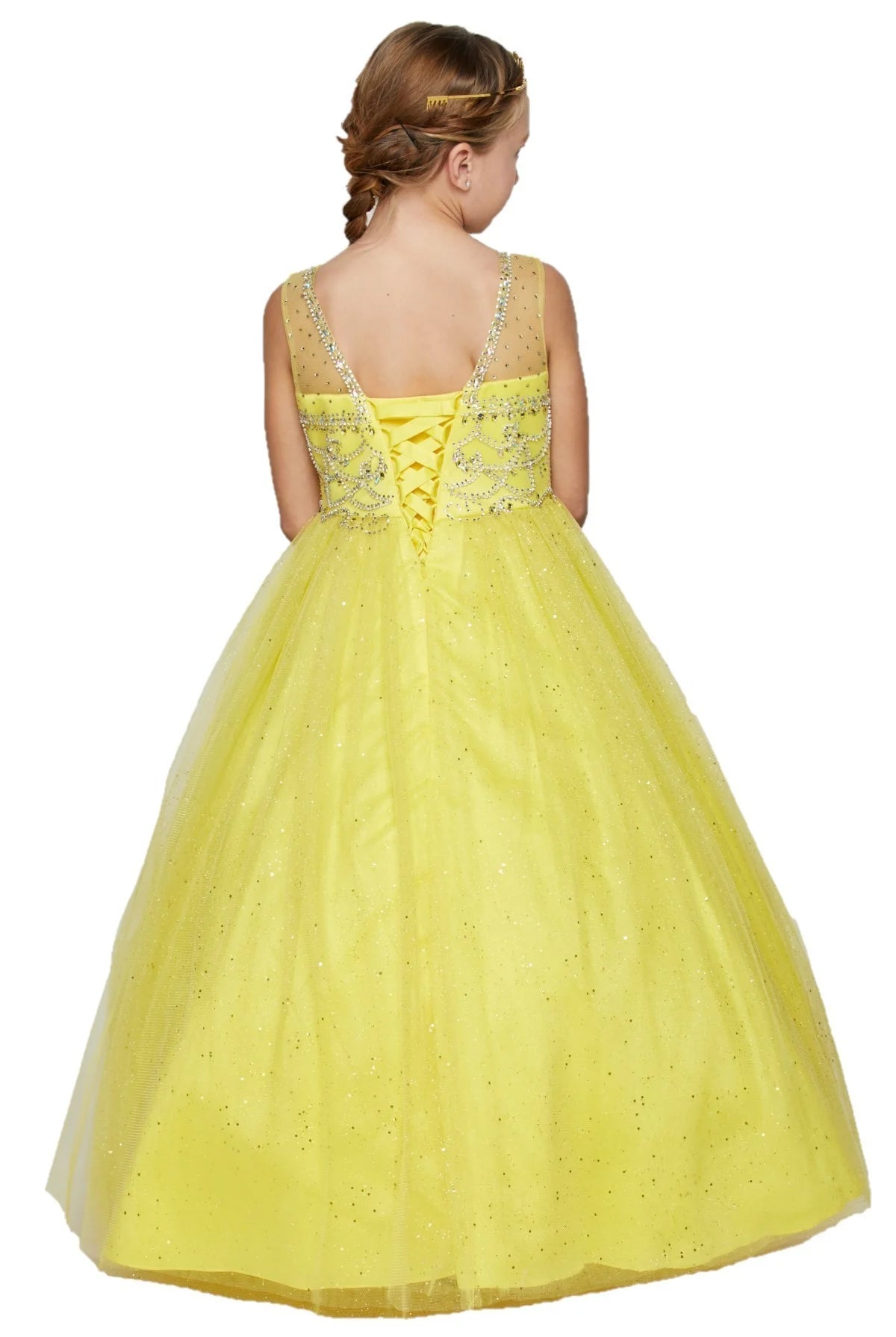 Girl pageant style beautiful sleeveless round illusion neckline bodice is adorned with AB tone crystal beading skirt