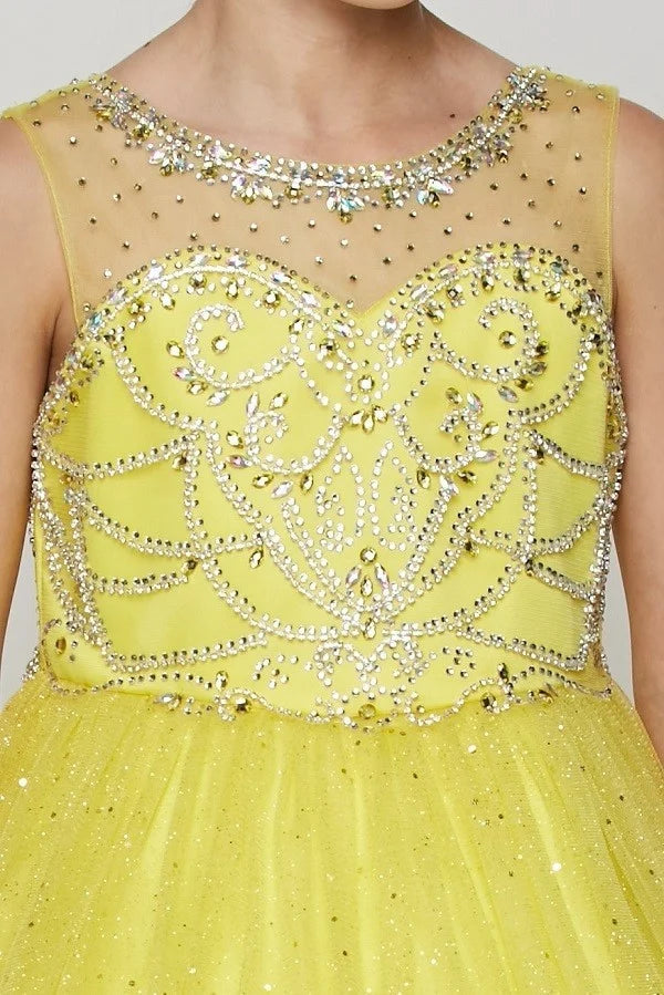 Girl pageant style beautiful sleeveless round illusion neckline bodice is adorned with AB tone crystal beading skirt