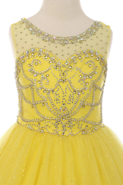 Girl pageant style beautiful sleeveless round illusion neckline bodice is adorned with AB tone crystal beading skirt