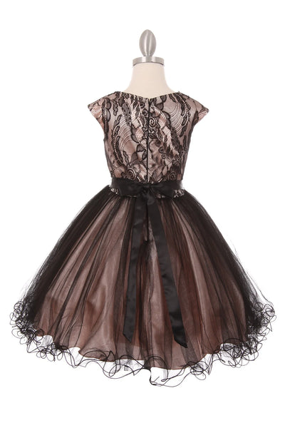 Girl elegant dress with two tone lace and tulle with cap sleeve with flower lace and rhinestone