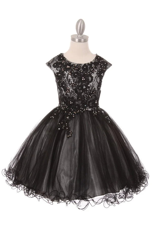 Girl elegant dress with two tone lace and tulle with cap sleeve with flower lace and rhinestone