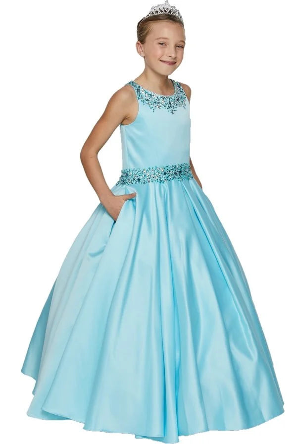 Girl gown dress with high scoop neckline with shimmering beads