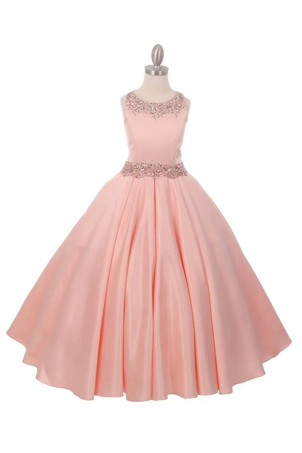 Girl gown dress with high scoop neckline with shimmering beads