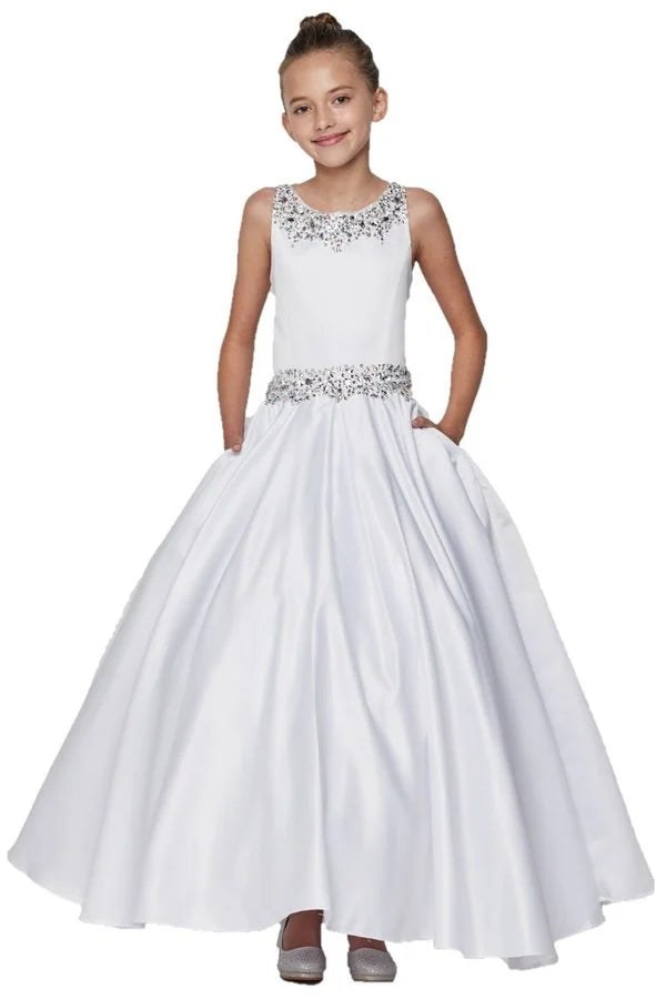 Girl gown dress with high scoop neckline with shimmering beads