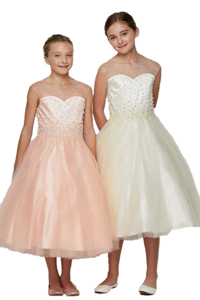 Girl elegant neck pearl satin tulle T-length dress with hand made pearl rhinestone