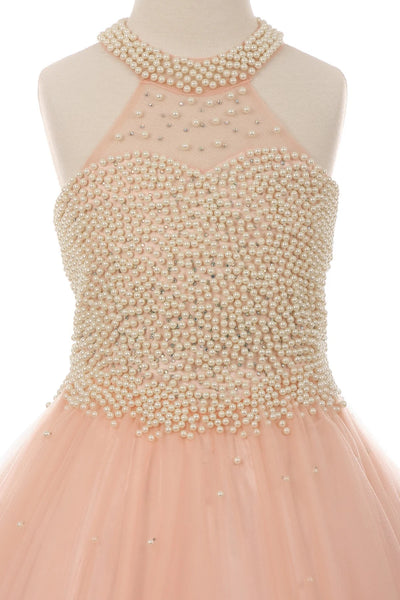 Girl party dress with halter neck with pearls