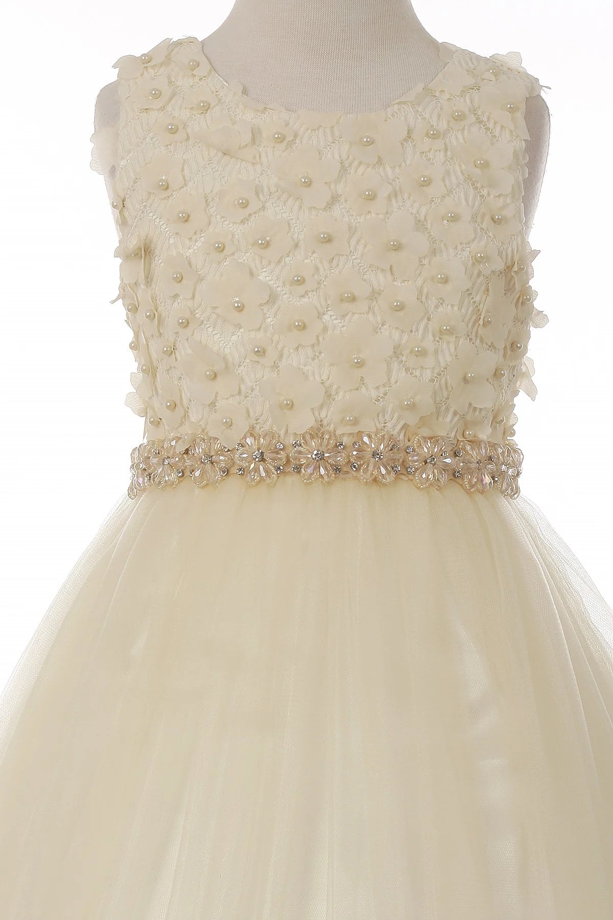 Girl elegant T-length dress with 3d flowers and pearls and 3 layers of tulle