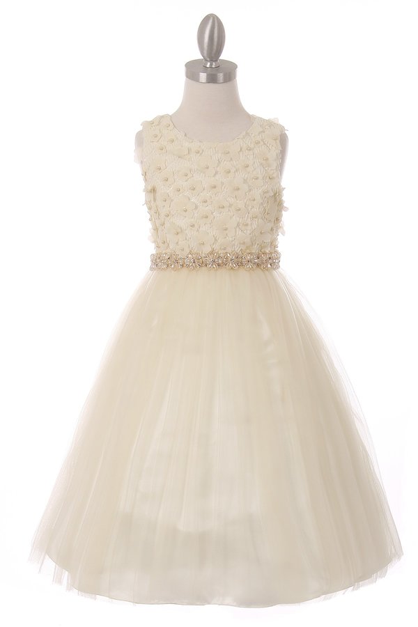 Girl elegant T-length dress with 3d flowers and pearls and 3 layers of tulle