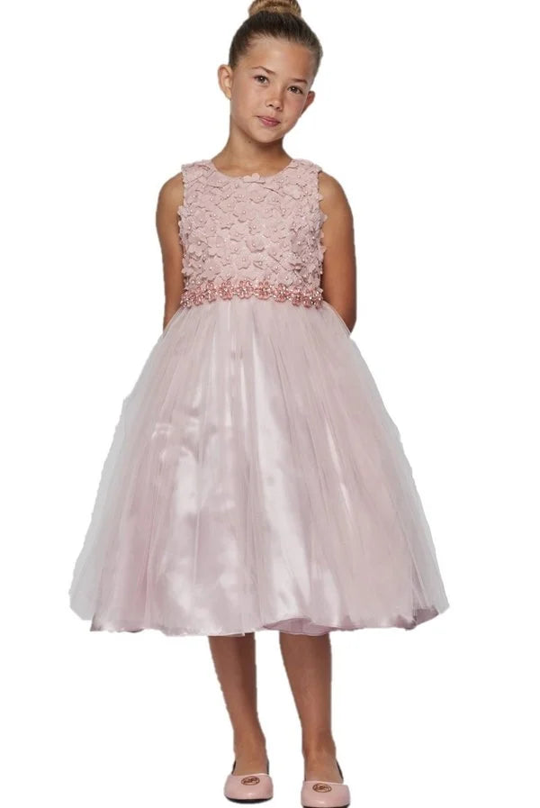 Girl elegant T-length dress with 3d flowers and pearls and 3 layers of tulle