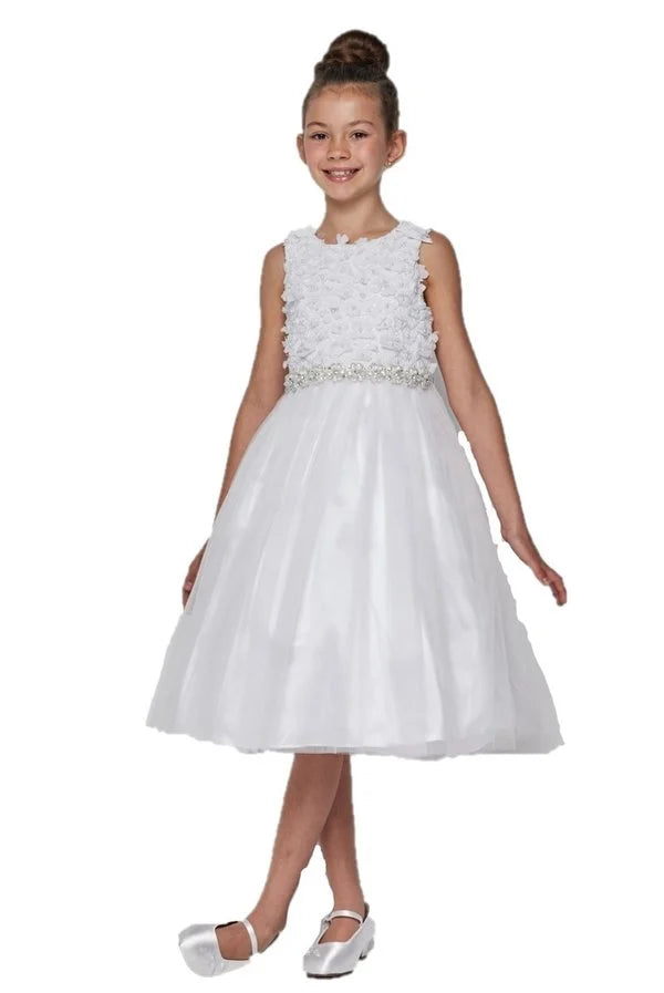 Girl elegant T-length dress with 3d flowers and pearls and 3 layers of tulle