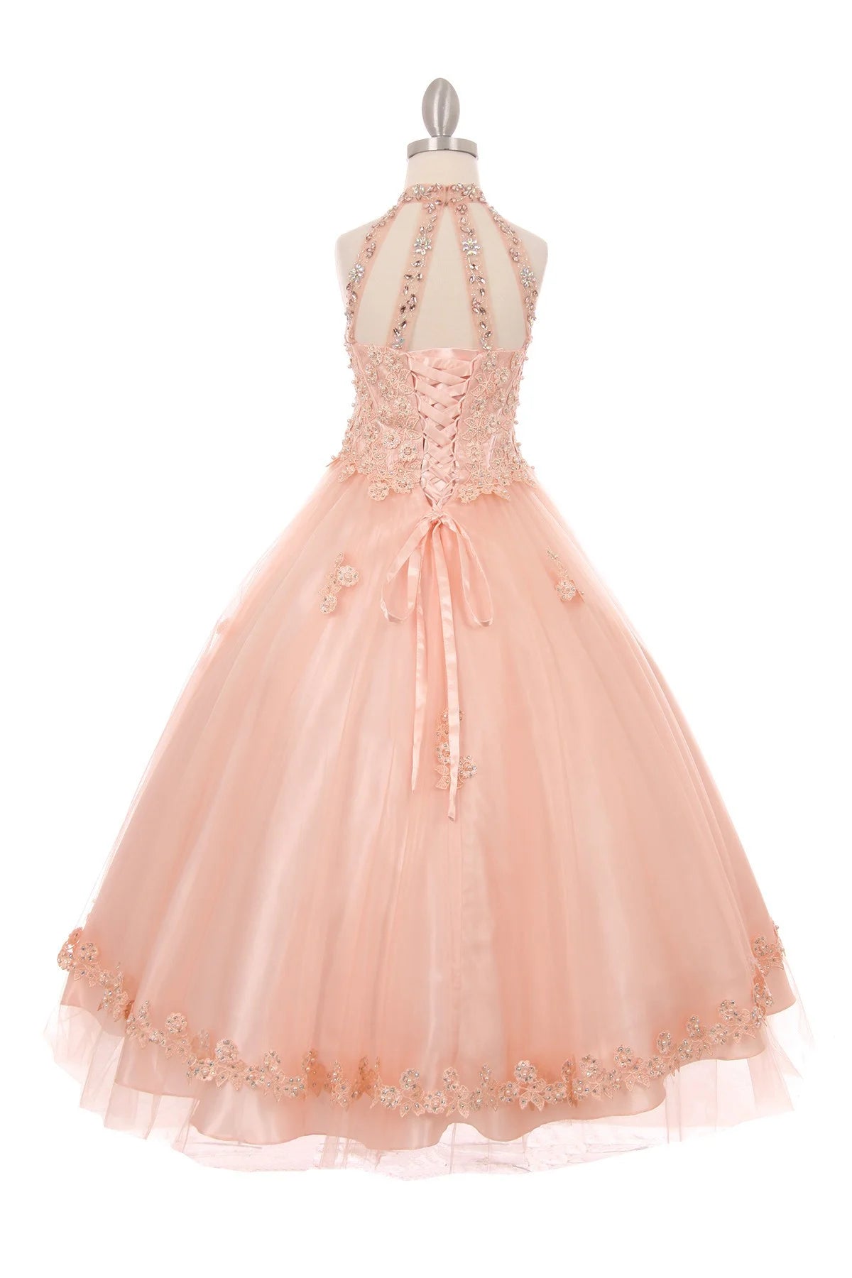 Girl dazzling halter neck rhinestones/pearls party tulle dress