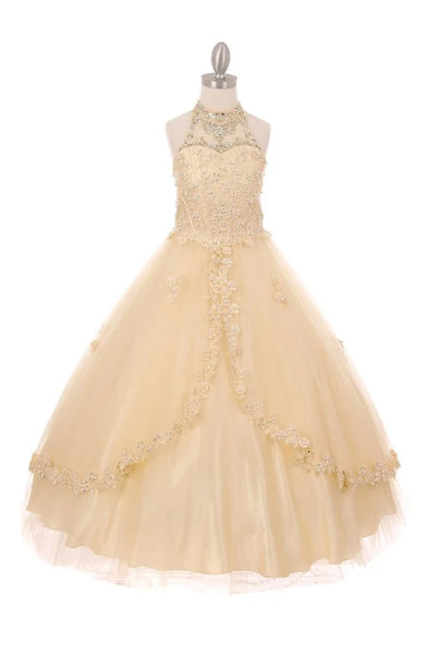 Girl dazzling halter neck rhinestones/pearls party tulle dress