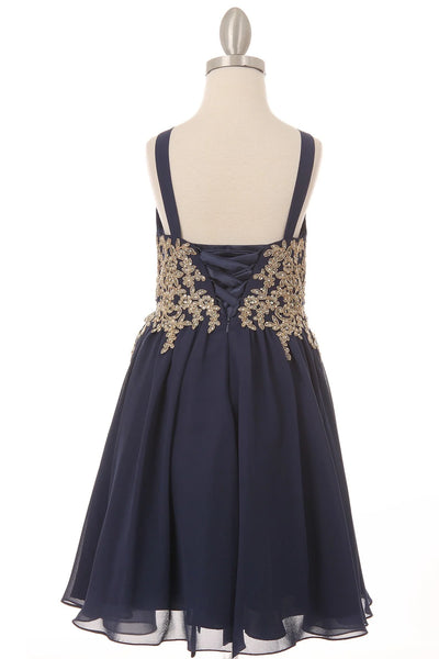 Girl elegant round neck sleeveless chiffon short dress with golden lace