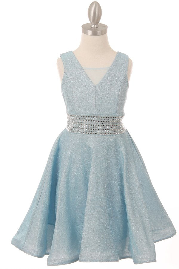 Girl sparkling shine lurex dress with waist adorned with studs and elastic smocking side