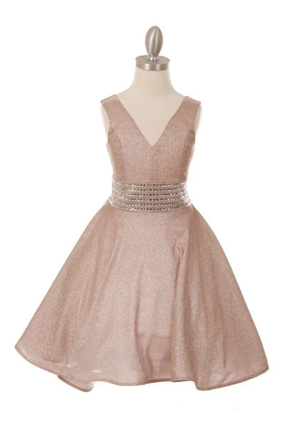 Girl sparkling shine lurex dress with waist adorned with studs and elastic smocking side