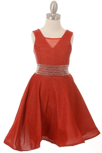 Girl sparkling shine lurex dress with waist adorned with studs and elastic smocking side