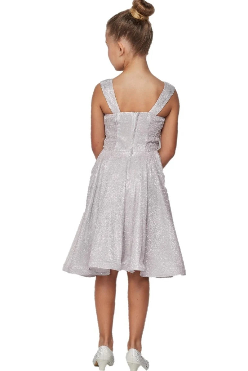 Girl sparkling shine lurex dress with waist adorned with studs and elastic smocking side