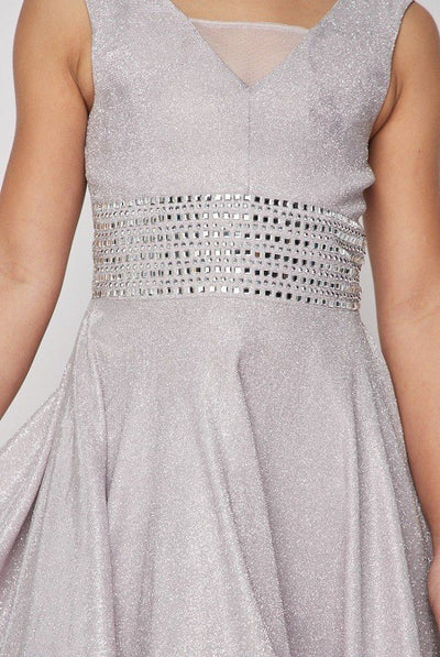 Girl sparkling shine lurex dress with waist adorned with studs and elastic smocking side