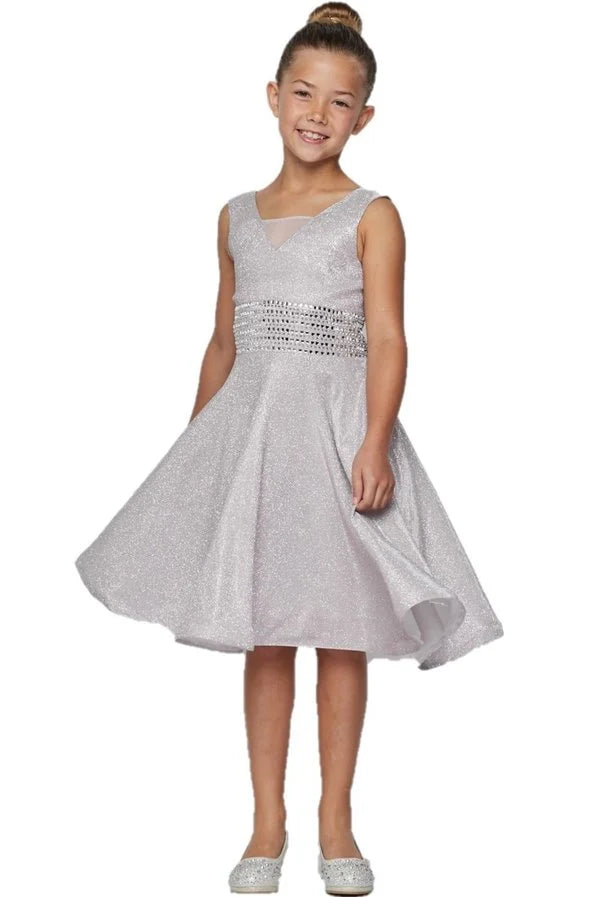 Girl sparkling shine lurex dress with waist adorned with studs and elastic smocking side