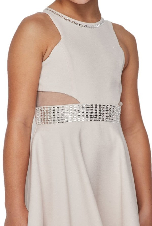 Girl beautiful round neck sleeveless fitted dress with waist shinny square stud