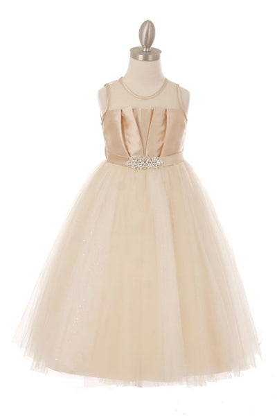 Flower girl Elegant illusion neckline satin pleated tulle dress with clear sequin under the skirt for sparkles, rhinestone brooch on the waist satin ribbon