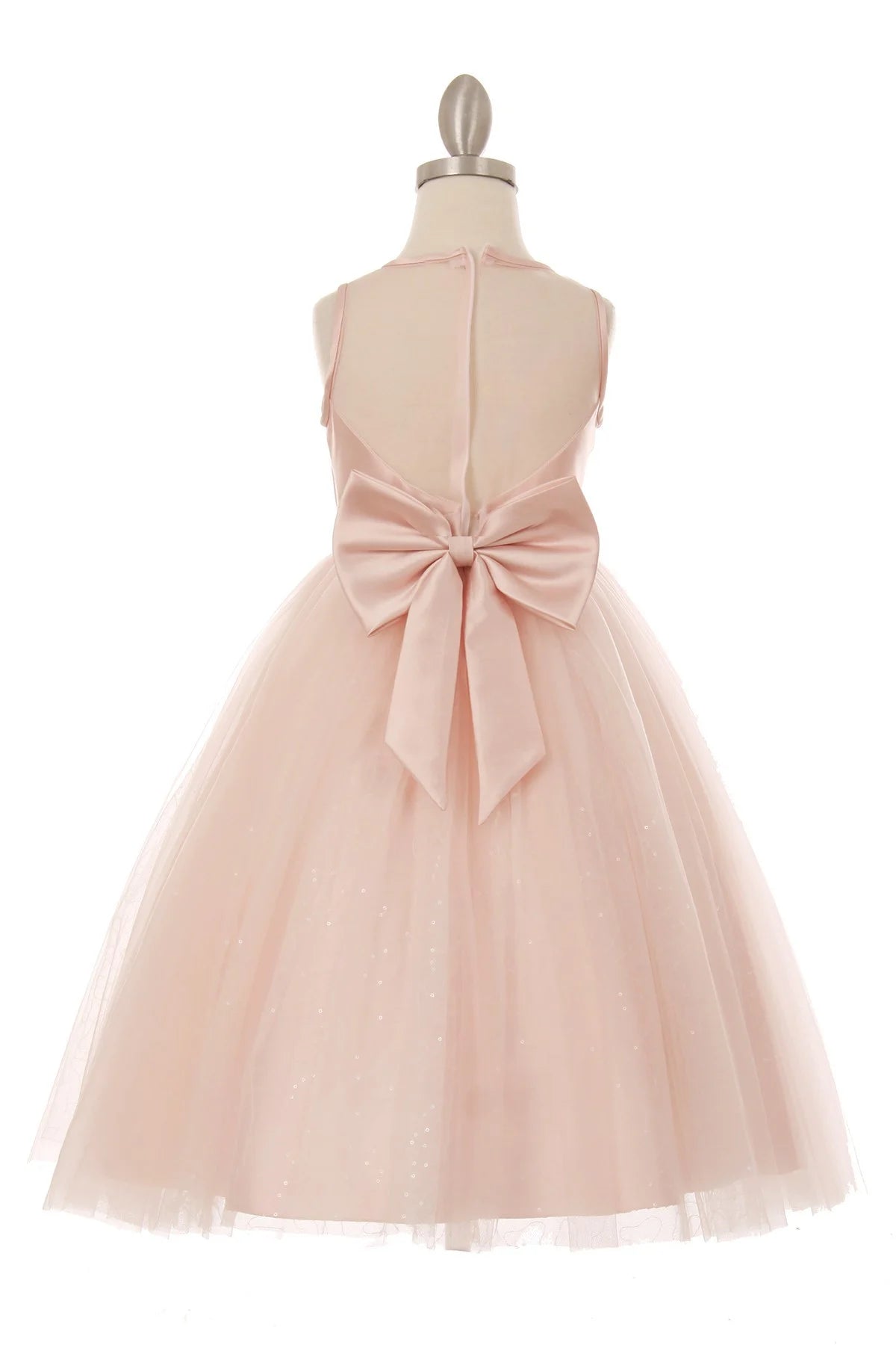 Flower girl Elegant illusion neckline satin pleated tulle dress with clear sequin under the skirt for sparkles, rhinestone brooch on the waist satin ribbon