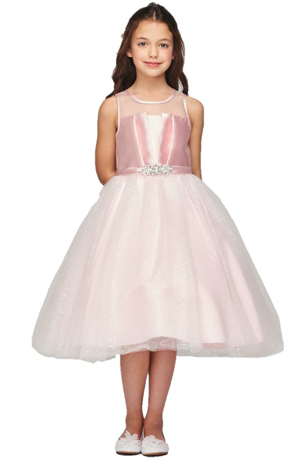 Flower girl Elegant illusion neckline satin pleated tulle dress with clear sequin under the skirt for sparkles, rhinestone brooch on the waist satin ribbon