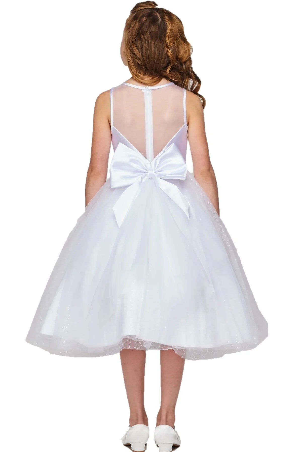 Flower girl Elegant illusion neckline satin pleated tulle dress with clear sequin under the skirt for sparkles, rhinestone brooch on the waist satin ribbon