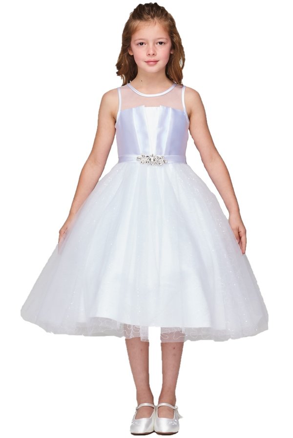 Flower girl Elegant illusion neckline satin pleated tulle dress with clear sequin under the skirt for sparkles, rhinestone brooch on the waist satin ribbon